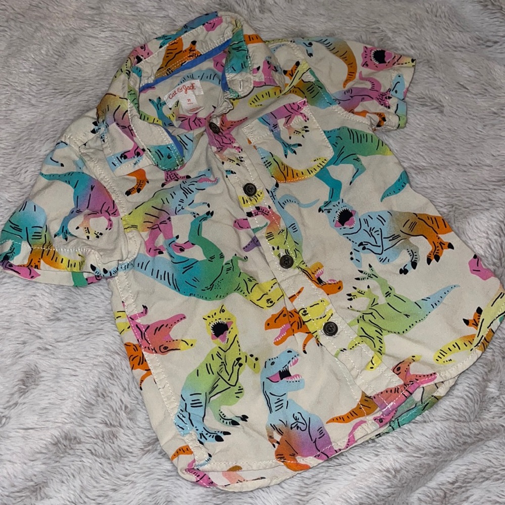 🌈 Cat & Jack Toddler Button Down Shirt Pastel Dinosaurs EASTER Sz 12M